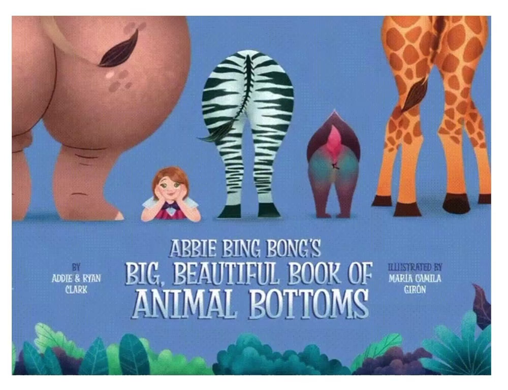 Animated preview of Abbie Bing Bong's Big, Beautiful Book of Animal Bottoms, a funny rhyming book for kids highlighting colorful jungle animal illustrations and rhyming text